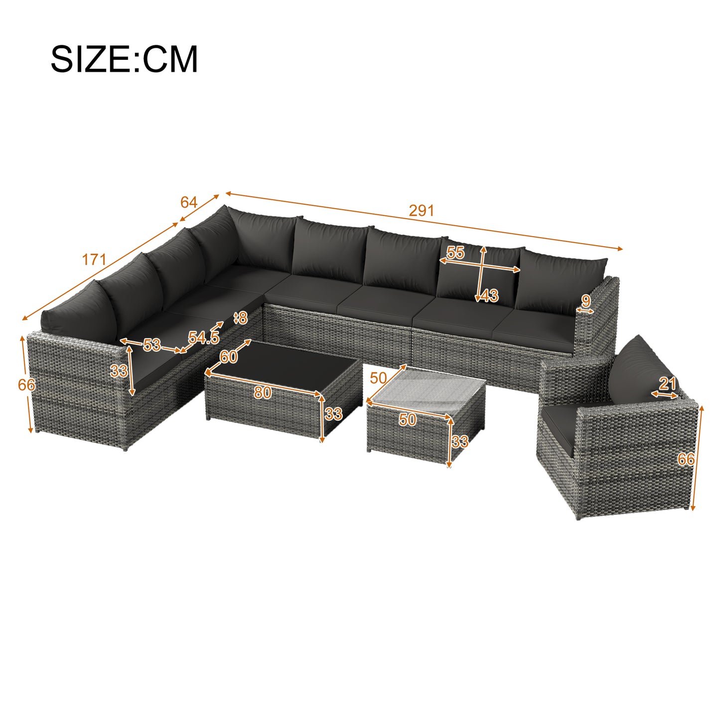 9-Seater Large Rattan Garden Patio Corner Sofa Set with Coffee Table and Stools