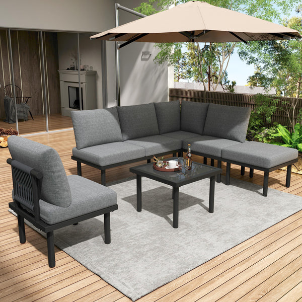 Handwoven Rope 6 Seater Garden Lounge Set with Coffee Table