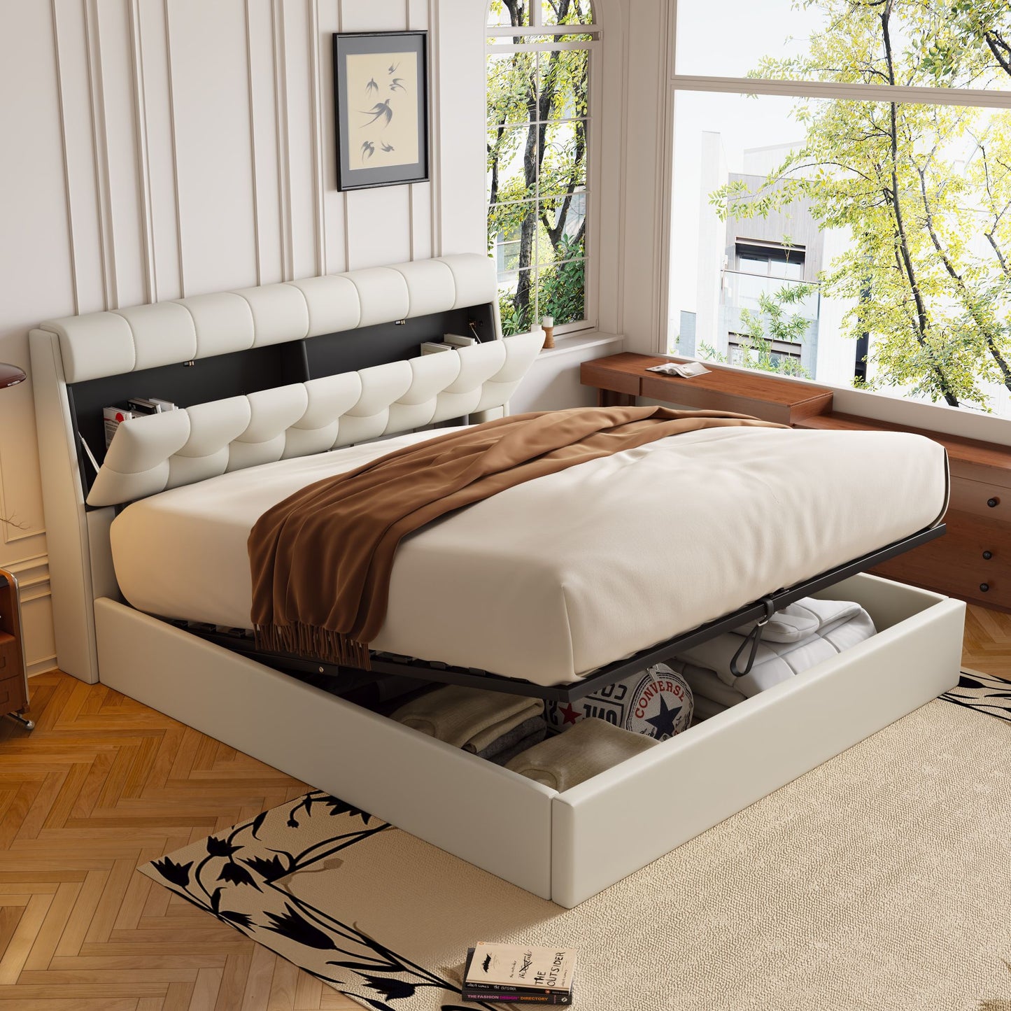 Faux Leather Bed Frame with Bed Box and Concealed Headboard Storage