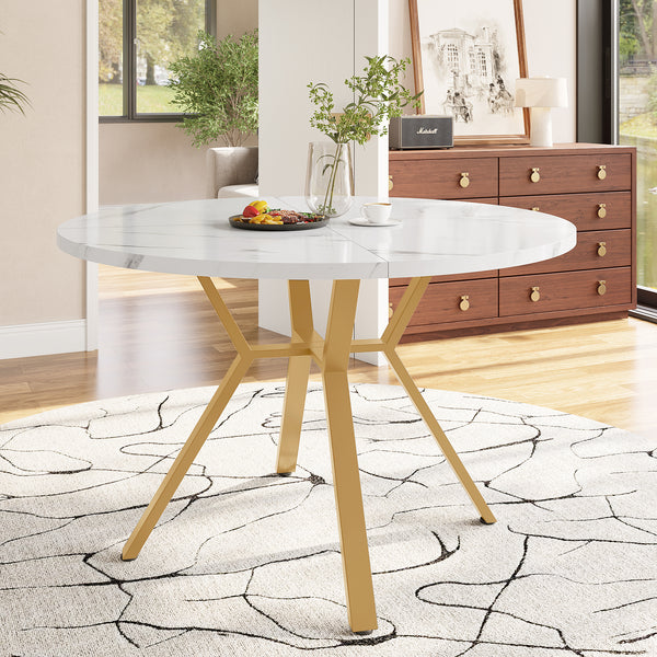 Modern and Sleek Round Marble Dining Table with Gold Legs