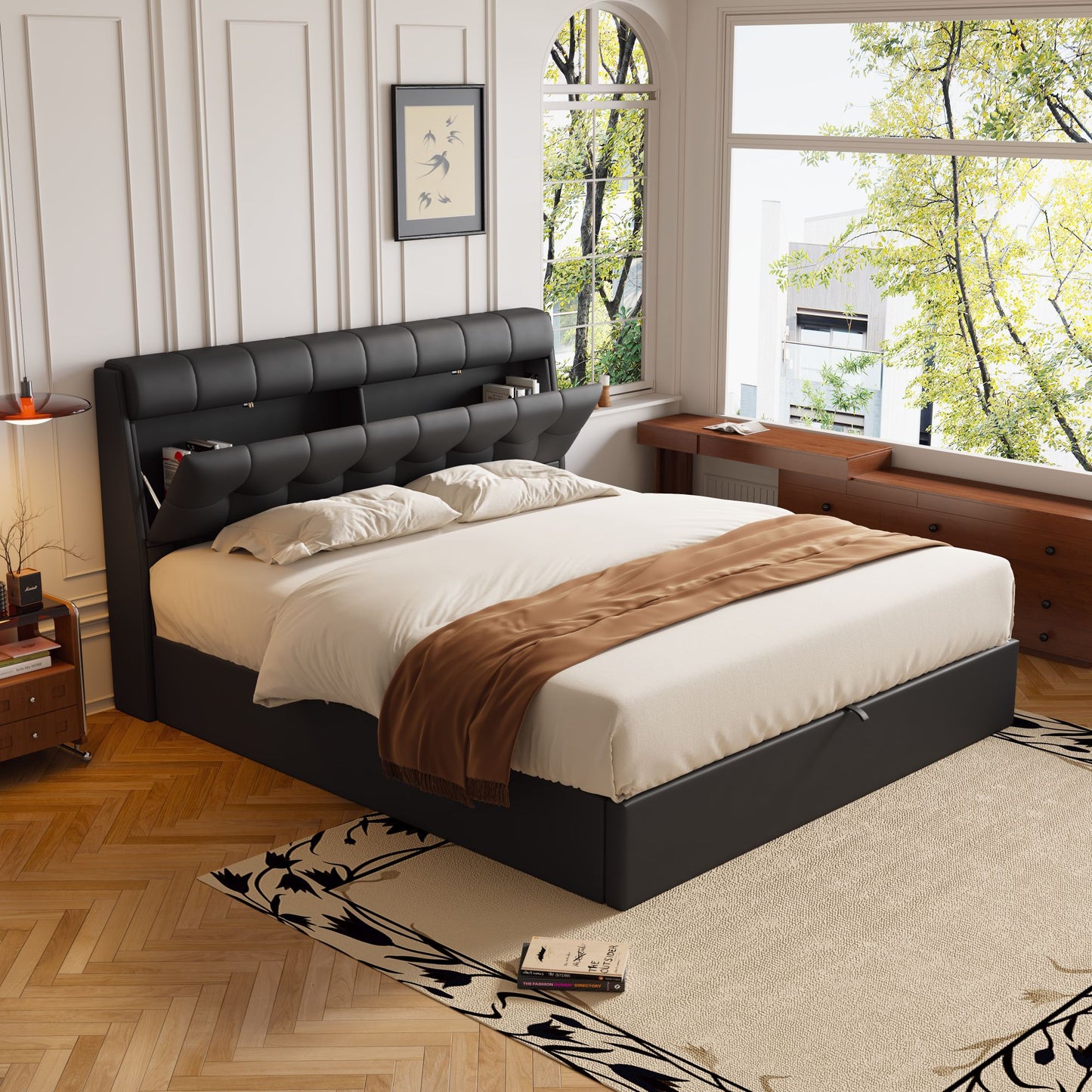 Faux Leather Bed Frame with Bed Box and Concealed Headboard Storage