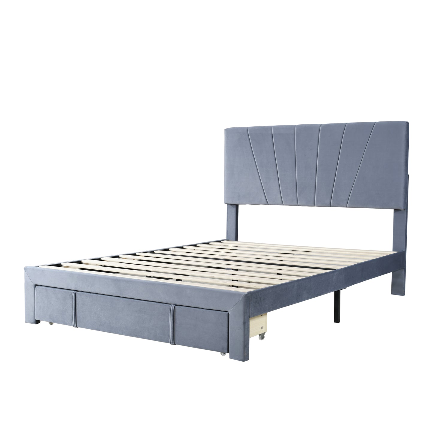 Double Velvet Upholstered Bed with a Big Storage Drawer and Adjustable Headboard