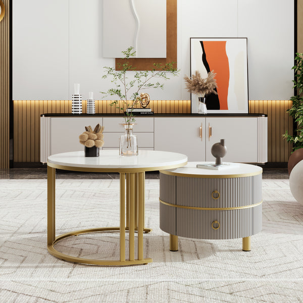 Round 2-in-1 Coffee Table Set with Gold Accents and White Top