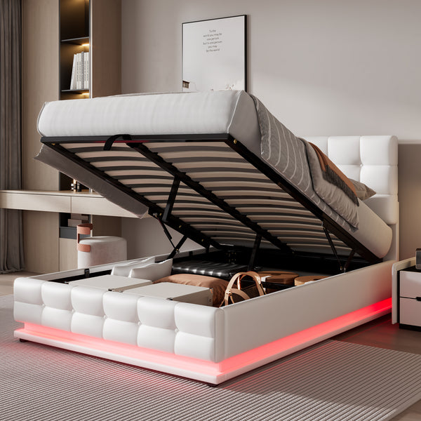 Faux Leather Ottoman Double Bed Frame with Lift Storage and LED Lighting