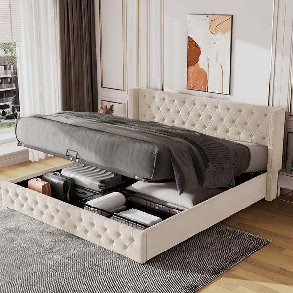 Velvet King Size Bed Frame with Wing Headboard and Lift Up Under Bed Storage