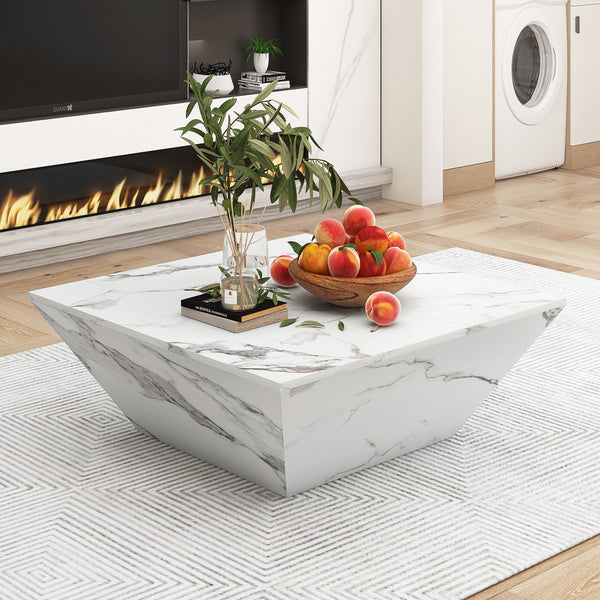 Square Marble Effect Coffee Side Table With Large Drawers