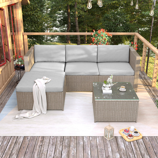 Outdoor Rattan Corner Sofa Set with Glass Coffee Table