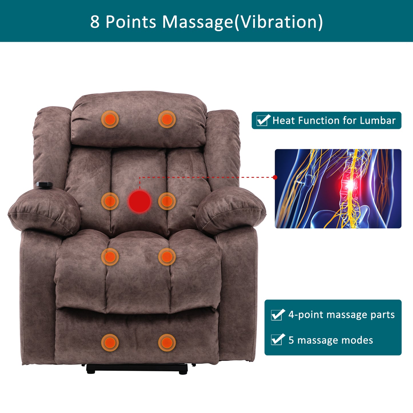 Brown Padded Power Lift Recliner Chair with Heat & Massage Function