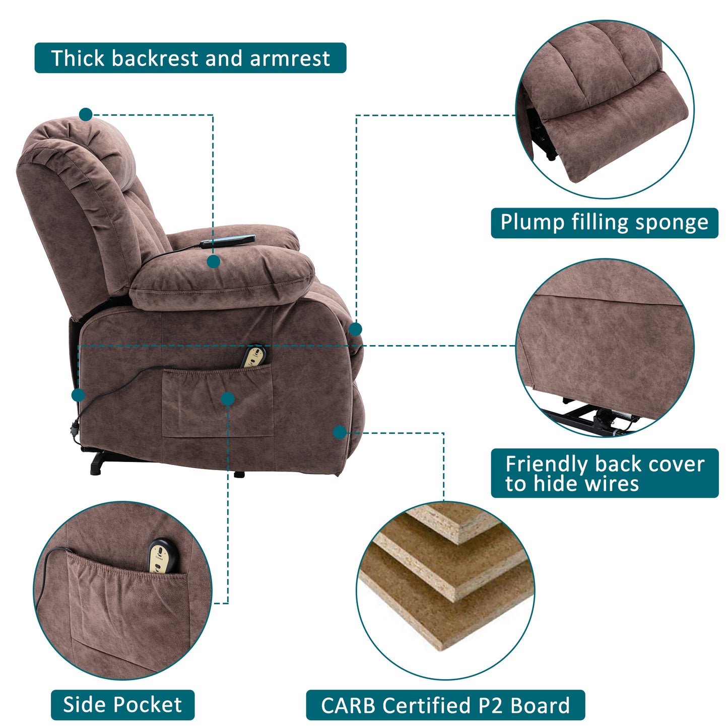 Brown Padded Power Lift Recliner Chair with Heat & Massage Function