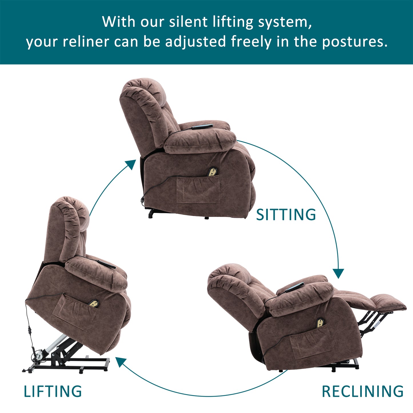 Brown Padded Power Lift Recliner Chair with Heat & Massage Function