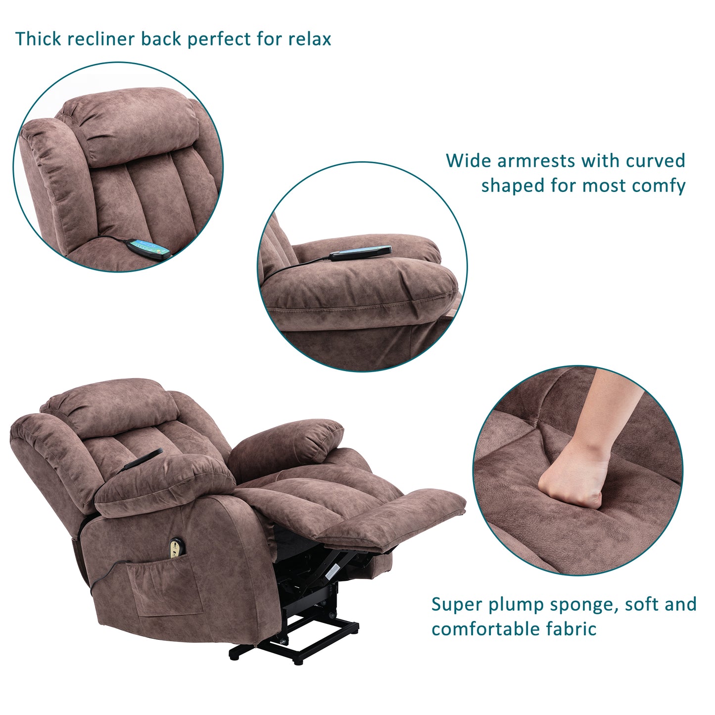 Brown Padded Power Lift Recliner Chair with Heat & Massage Function