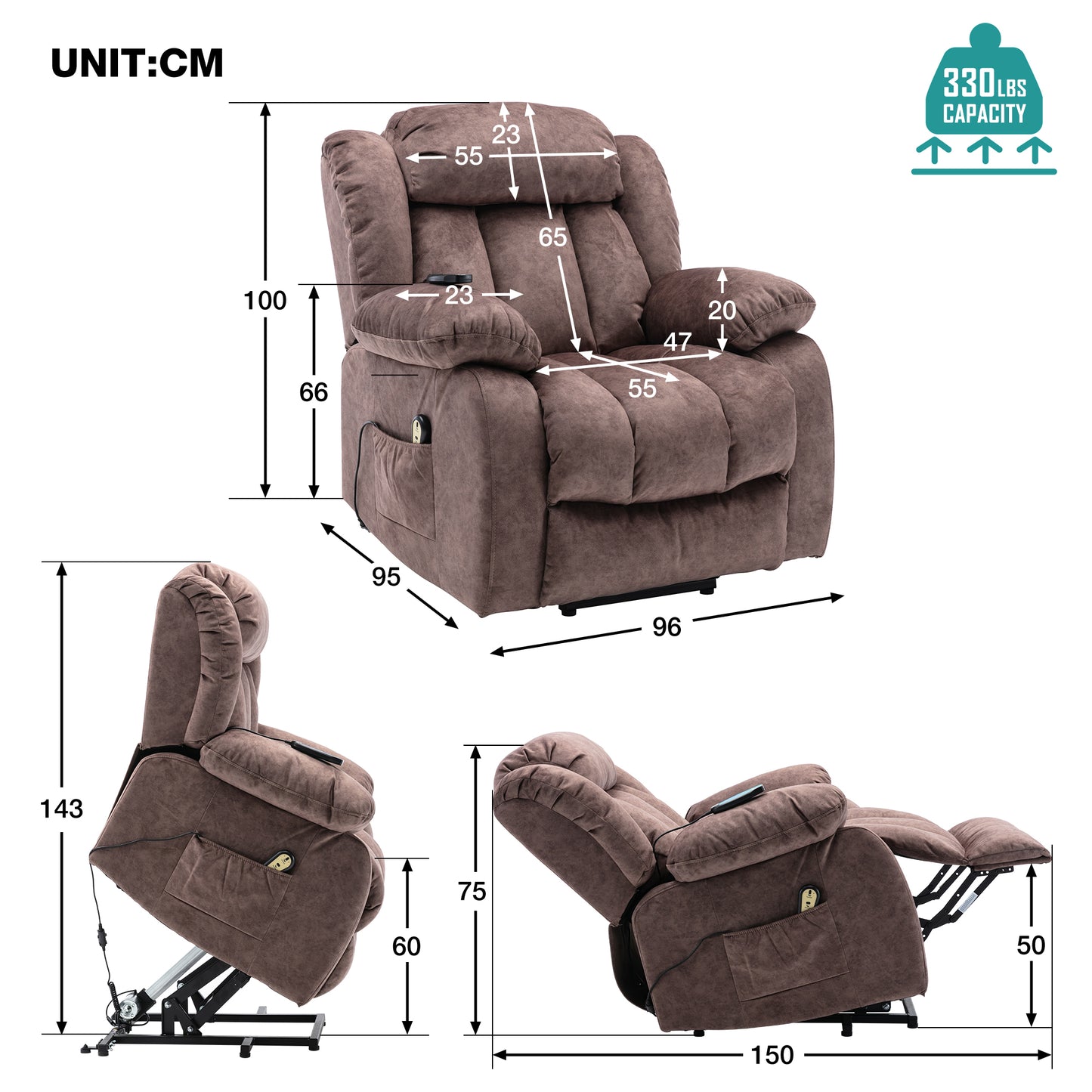 Brown Padded Power Lift Recliner Chair with Heat & Massage Function