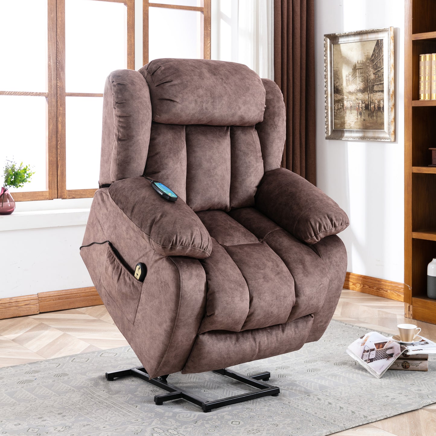 Brown Padded Power Lift Recliner Chair with Heat & Massage Function