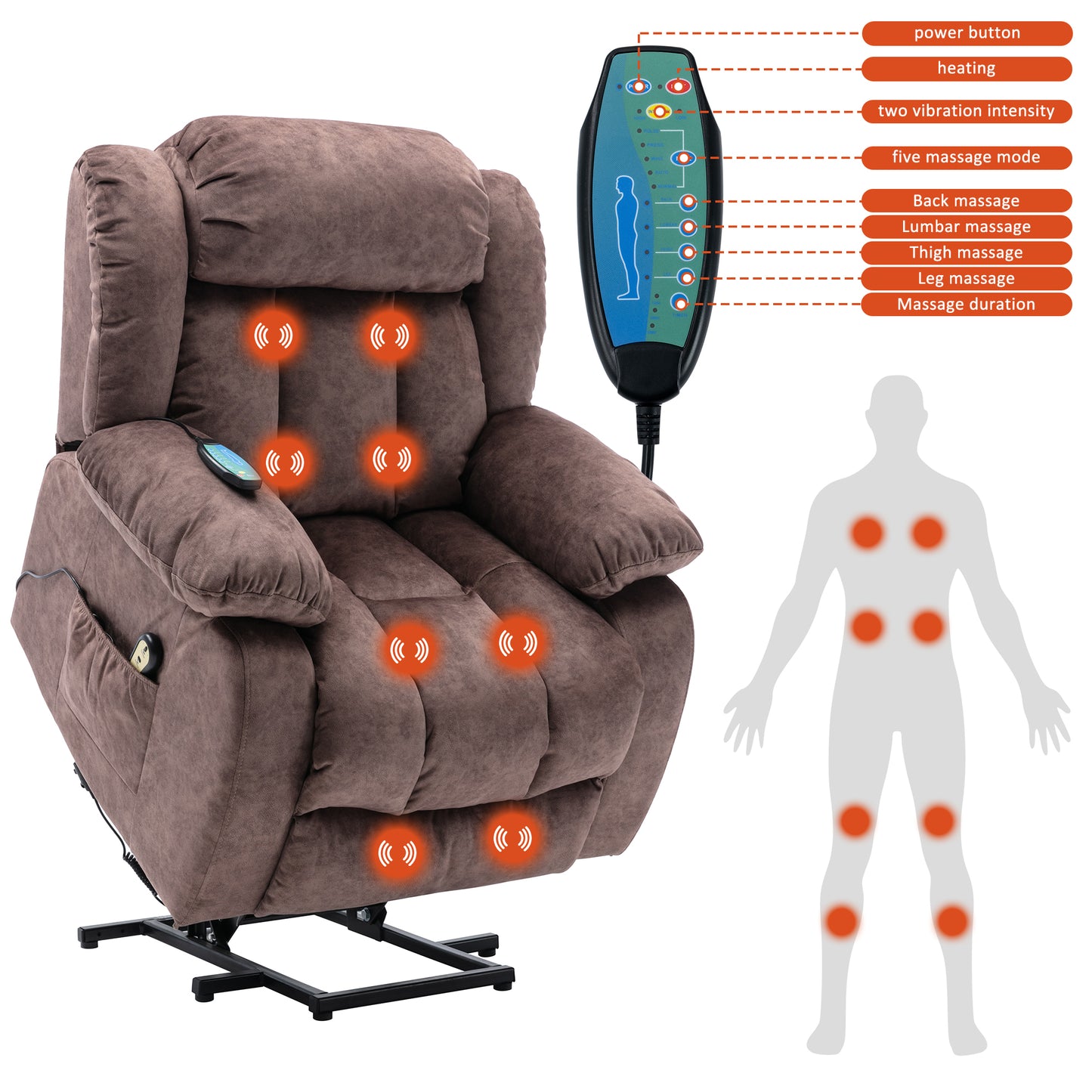 Brown Padded Power Lift Recliner Chair with Heat & Massage Function