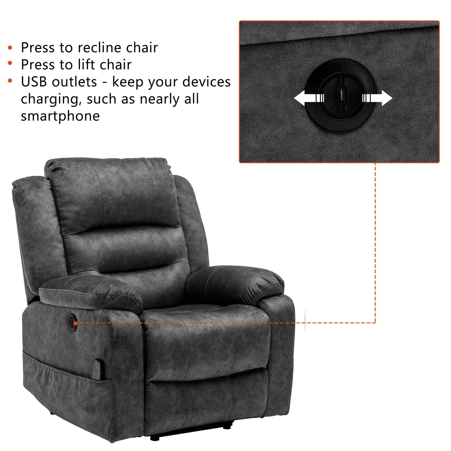 Fabric Electric Power Lift Recliner Chair with Massage, 2 Side Pockets and USB Ports