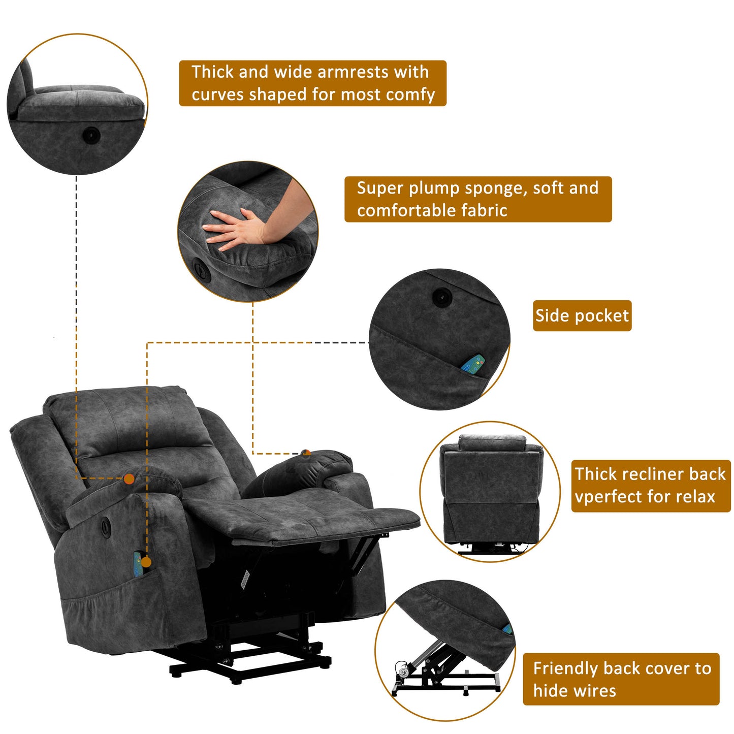 Fabric Electric Power Lift Recliner Chair with Massage, 2 Side Pockets and USB Ports