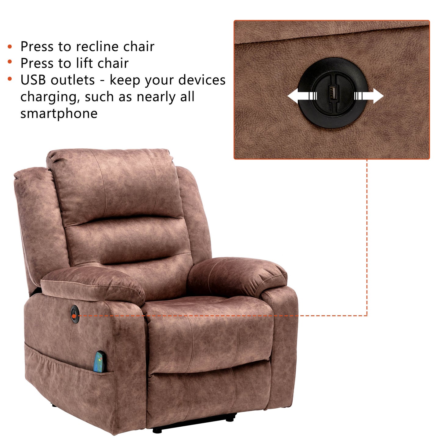 Fabric Electric Power Lift Recliner Chair with Massage, 2 Side Pockets and USB Ports