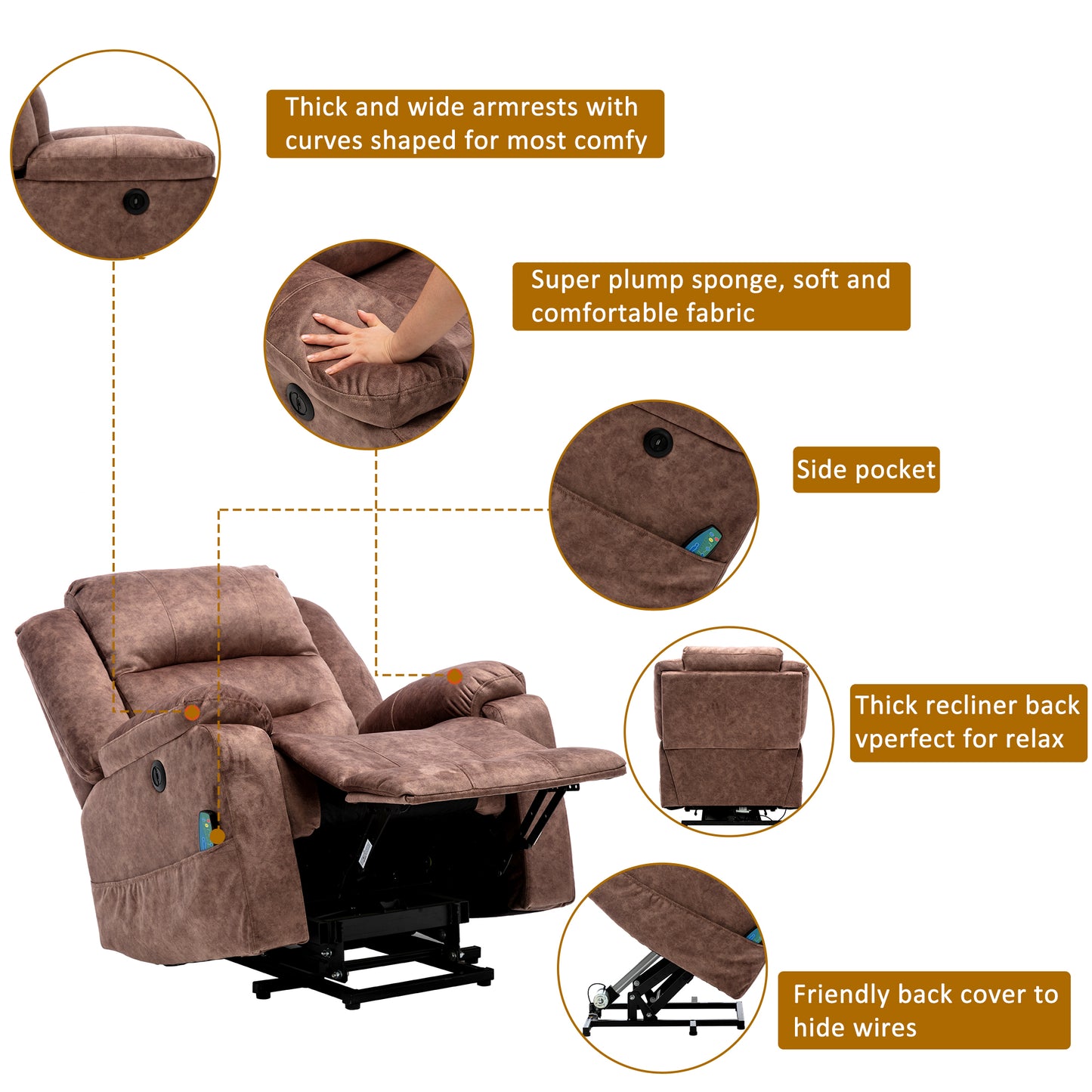 Fabric Electric Power Lift Recliner Chair with Massage, 2 Side Pockets and USB Ports