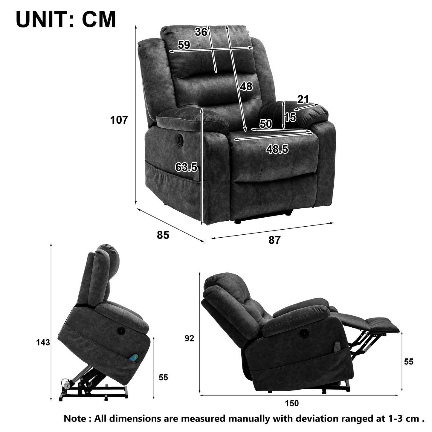 Fabric Electric Power Lift Recliner Chair with Massage, 2 Side Pockets and USB Ports