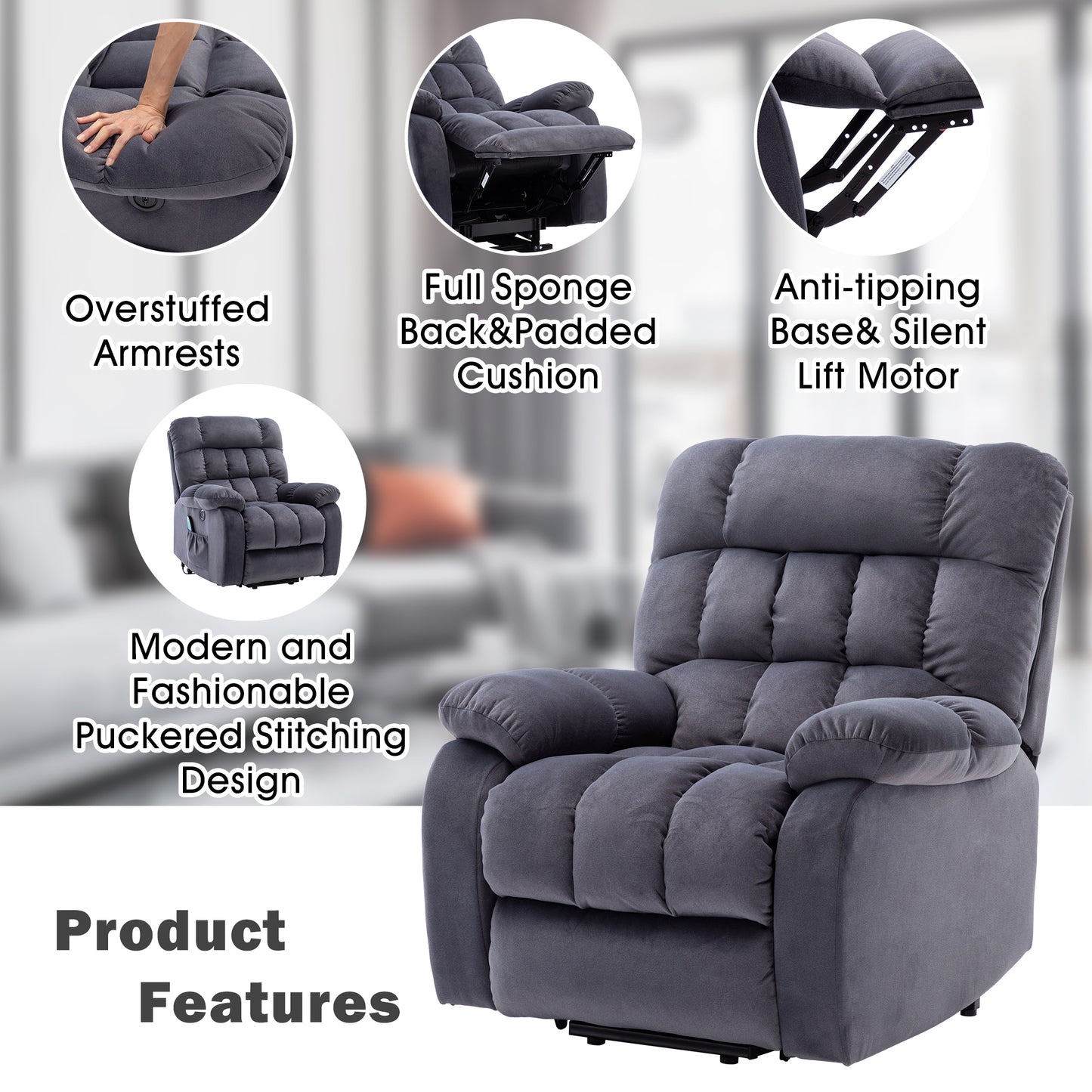 Breathable Fabric Electric Power Lift Recliner Chair with Massage and Heat, and USB Ports