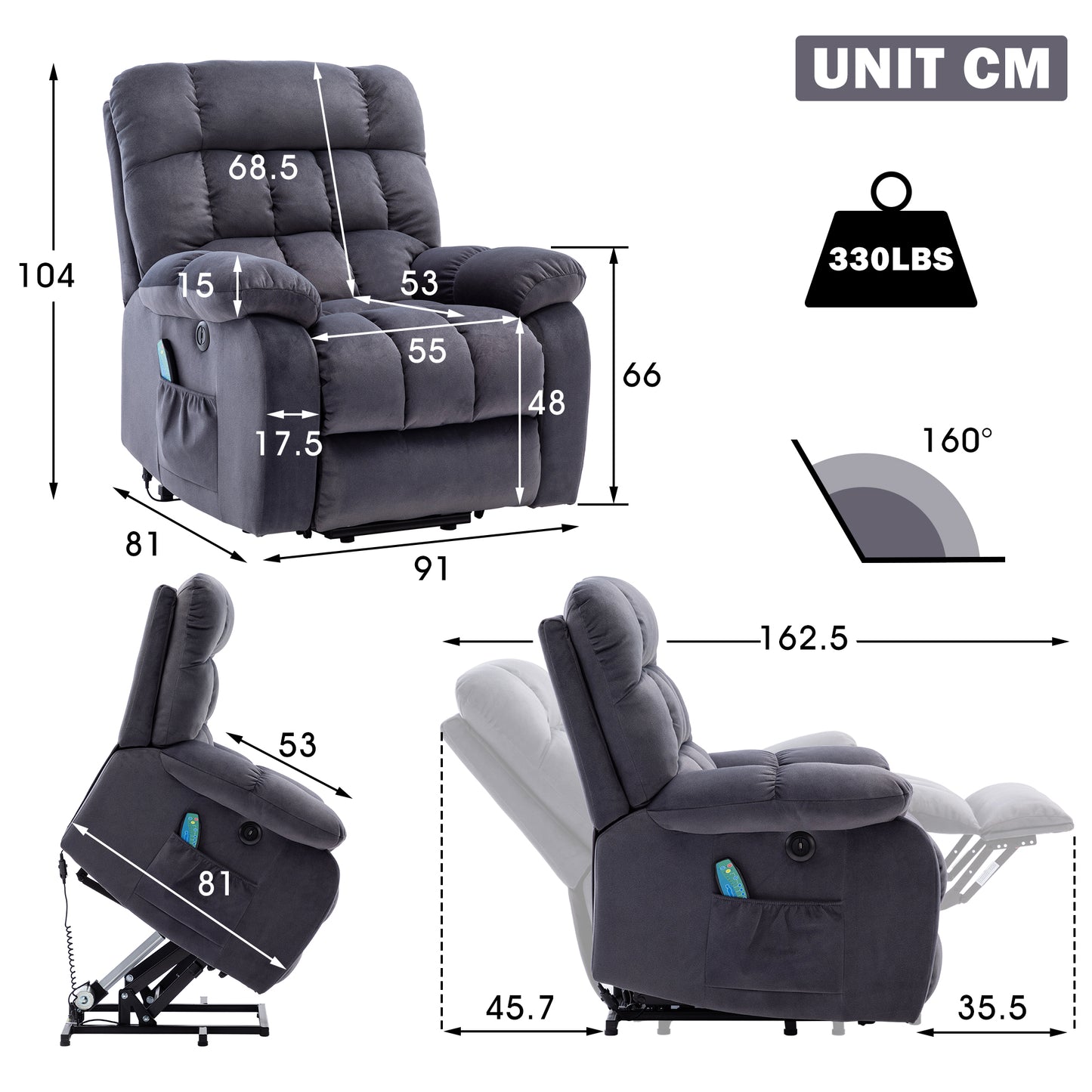 Breathable Fabric Electric Power Lift Recliner Chair with Massage and Heat, and USB Ports