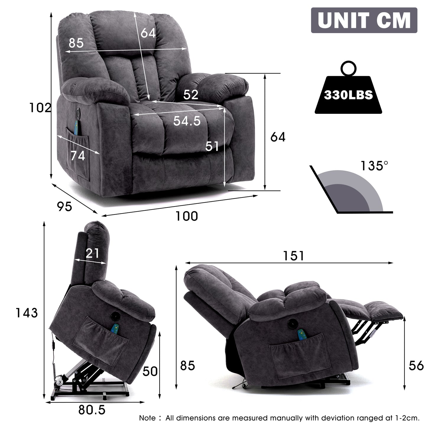 Fabric Cushioned Electric Recliner Chair with Heat, Vibration and USB Ports