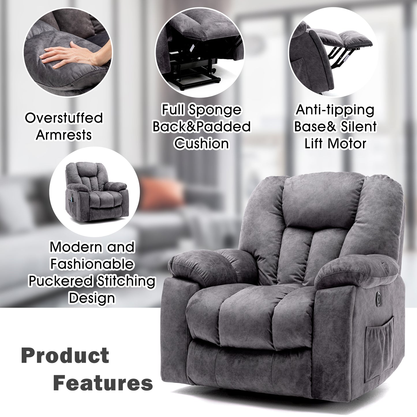 Fabric Cushioned Electric Recliner Chair with Heat, Vibration and USB Ports