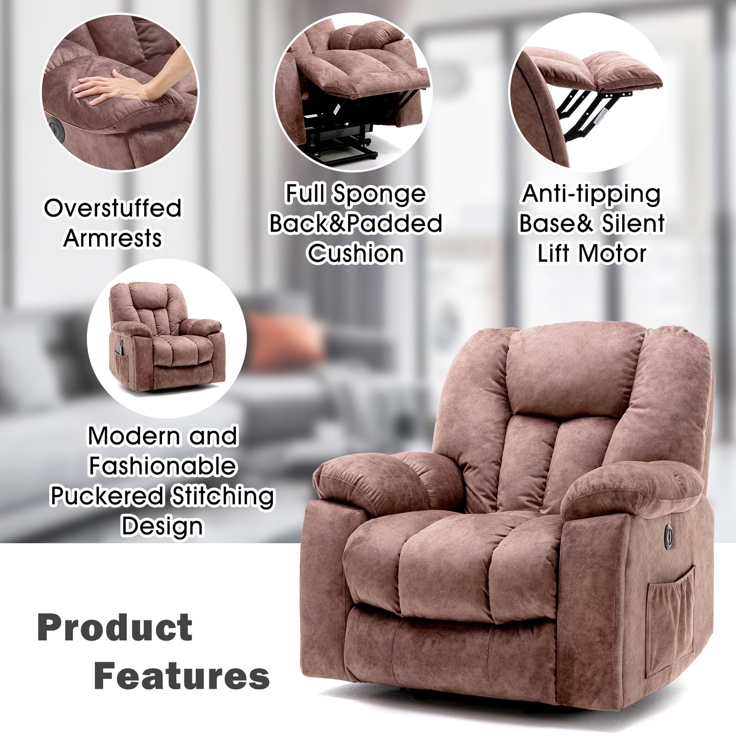 Fabric Cushioned Electric Recliner Chair with Heat, Vibration and USB Ports