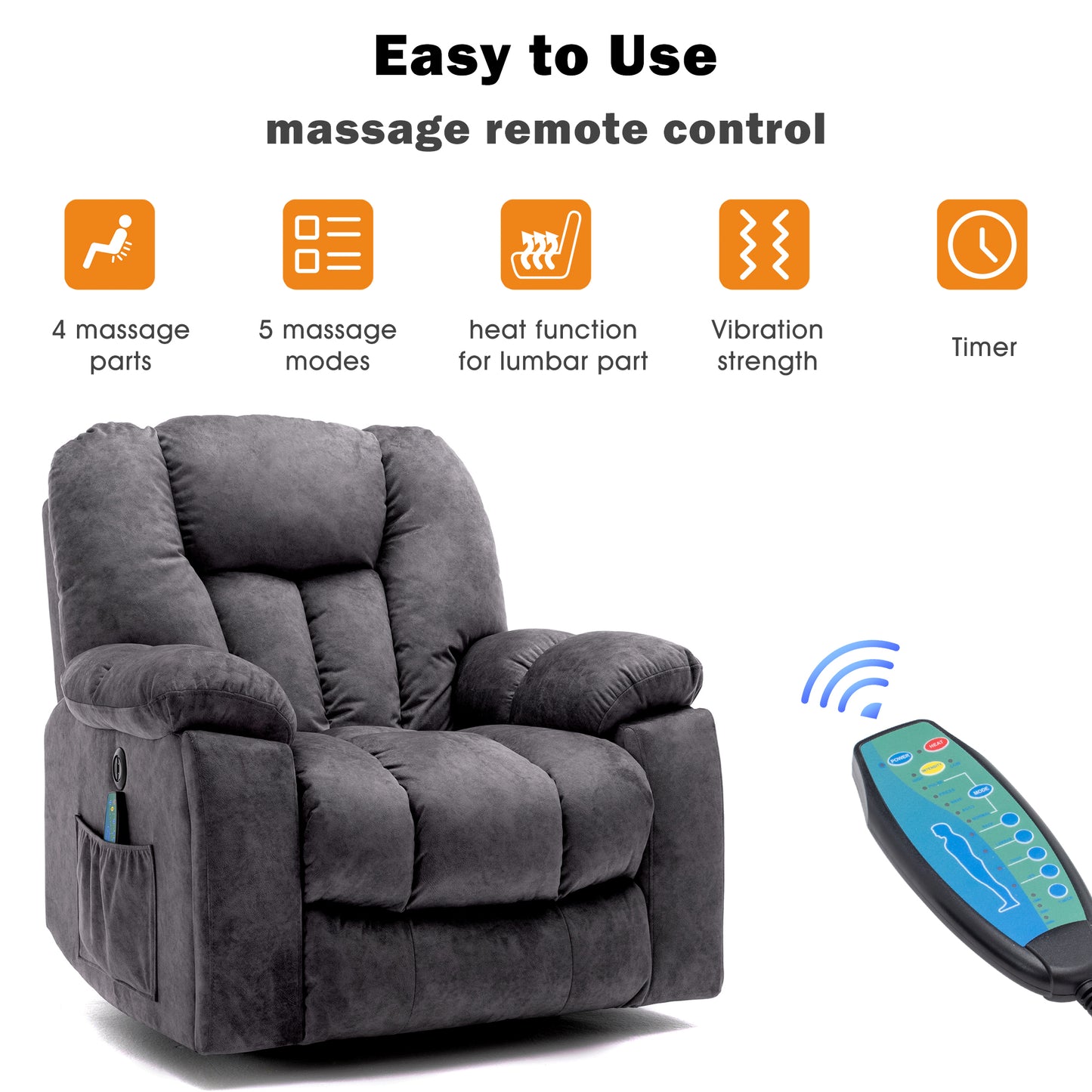 Fabric Cushioned Electric Recliner Chair with Heat, Vibration and USB Ports