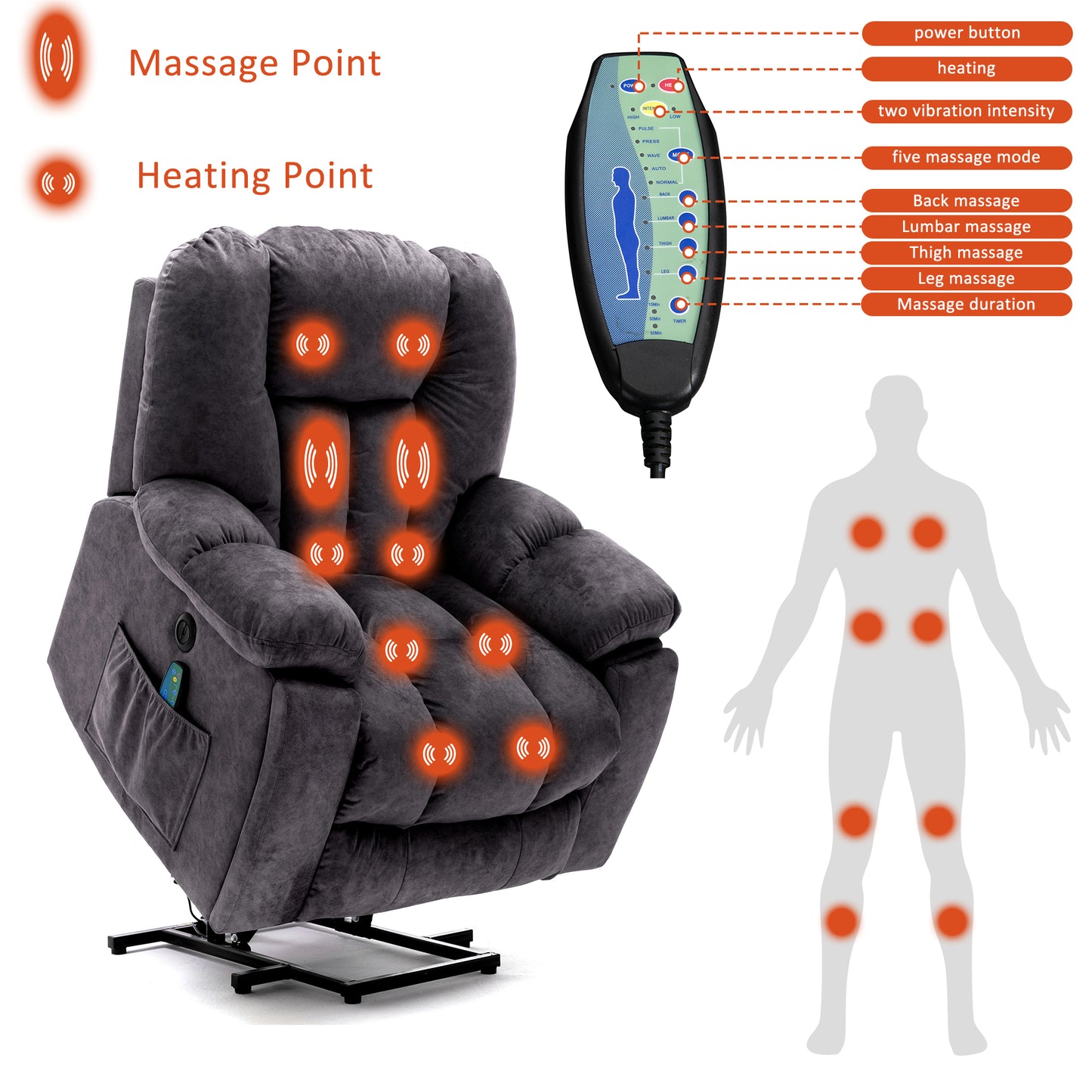 Fabric Cushioned Electric Recliner Chair with Heat, Vibration and USB Ports