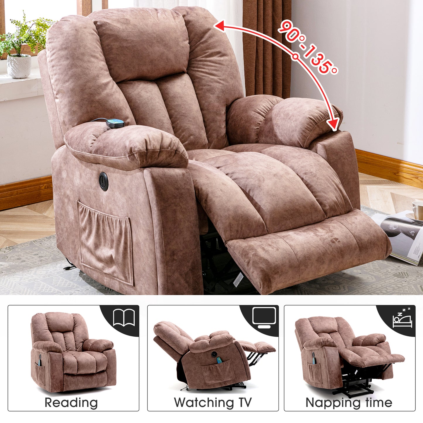 Fabric Cushioned Electric Recliner Chair with Heat, Vibration and USB Ports