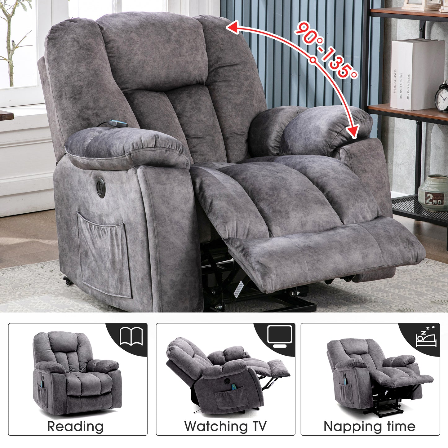 Fabric Cushioned Electric Recliner Chair with Heat, Vibration and USB Ports