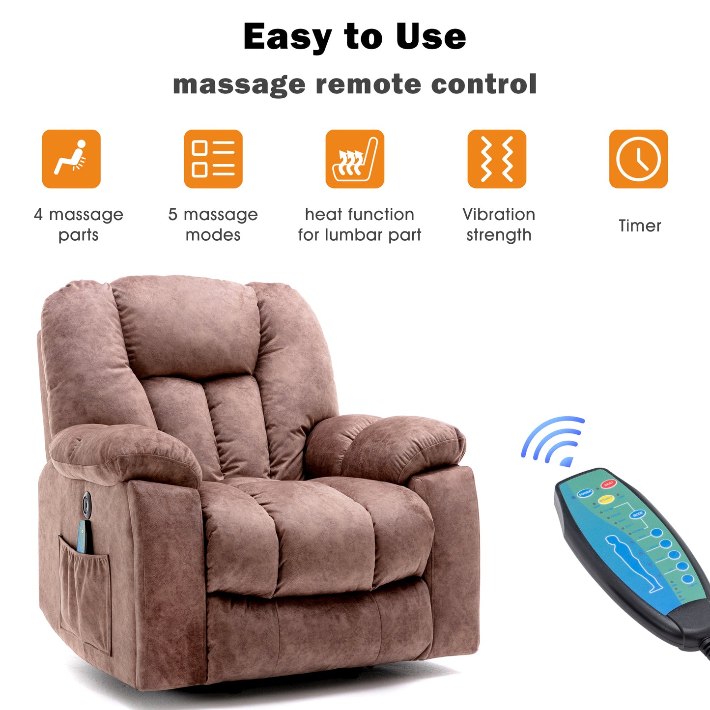 Fabric Cushioned Electric Recliner Chair with Heat, Vibration and USB Ports