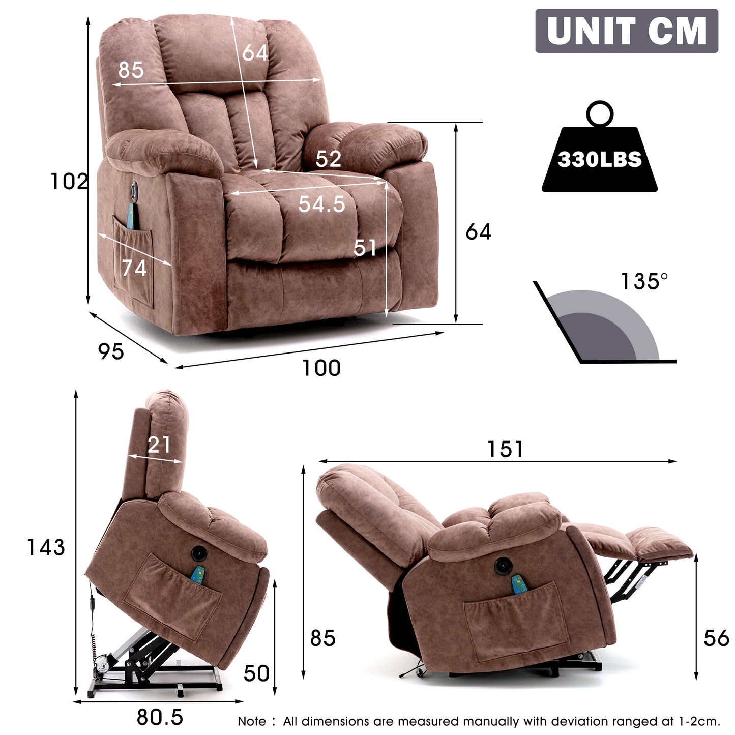 Fabric Cushioned Electric Recliner Chair with Heat, Vibration and USB Ports