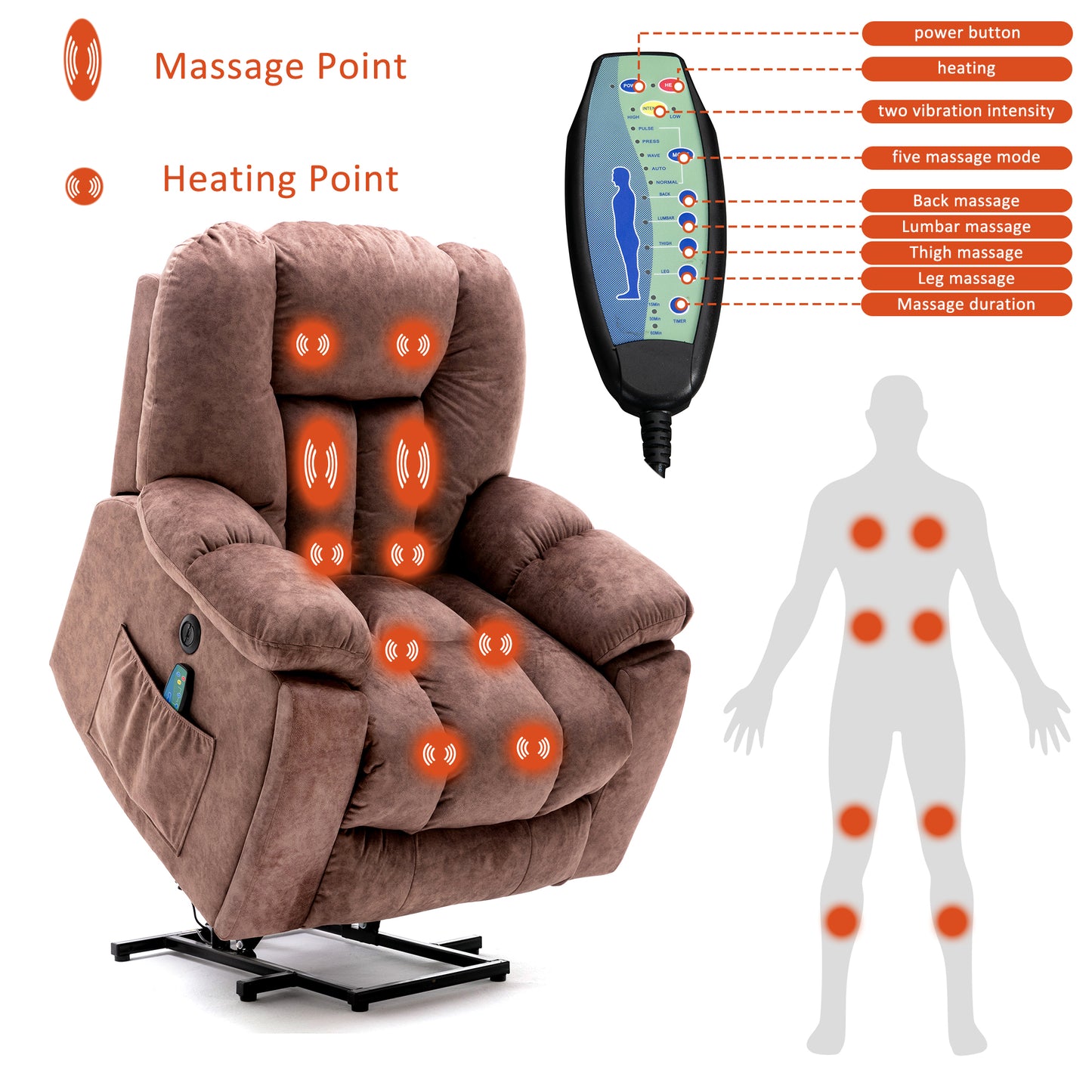 Fabric Cushioned Electric Recliner Chair with Heat, Vibration and USB Ports