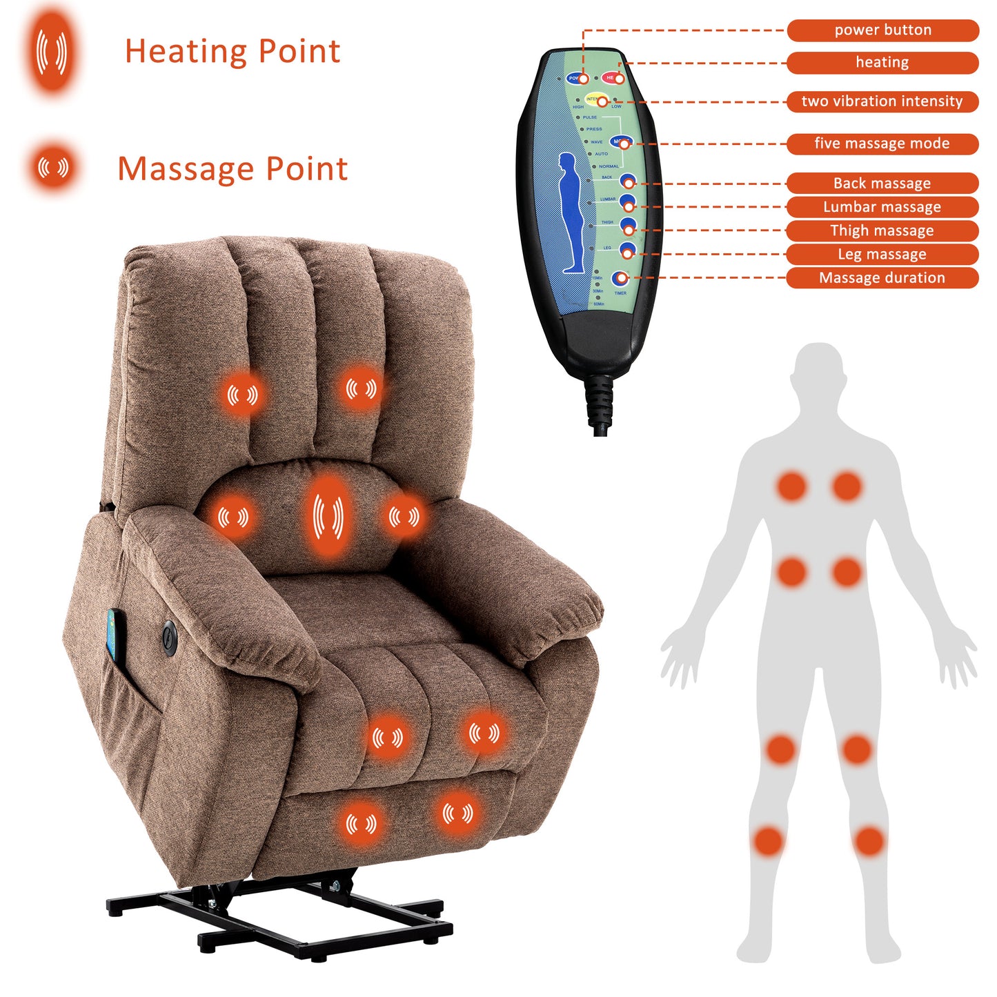 Fabric Single Motor Recliner Chair with Massage, Heat and USB Ports