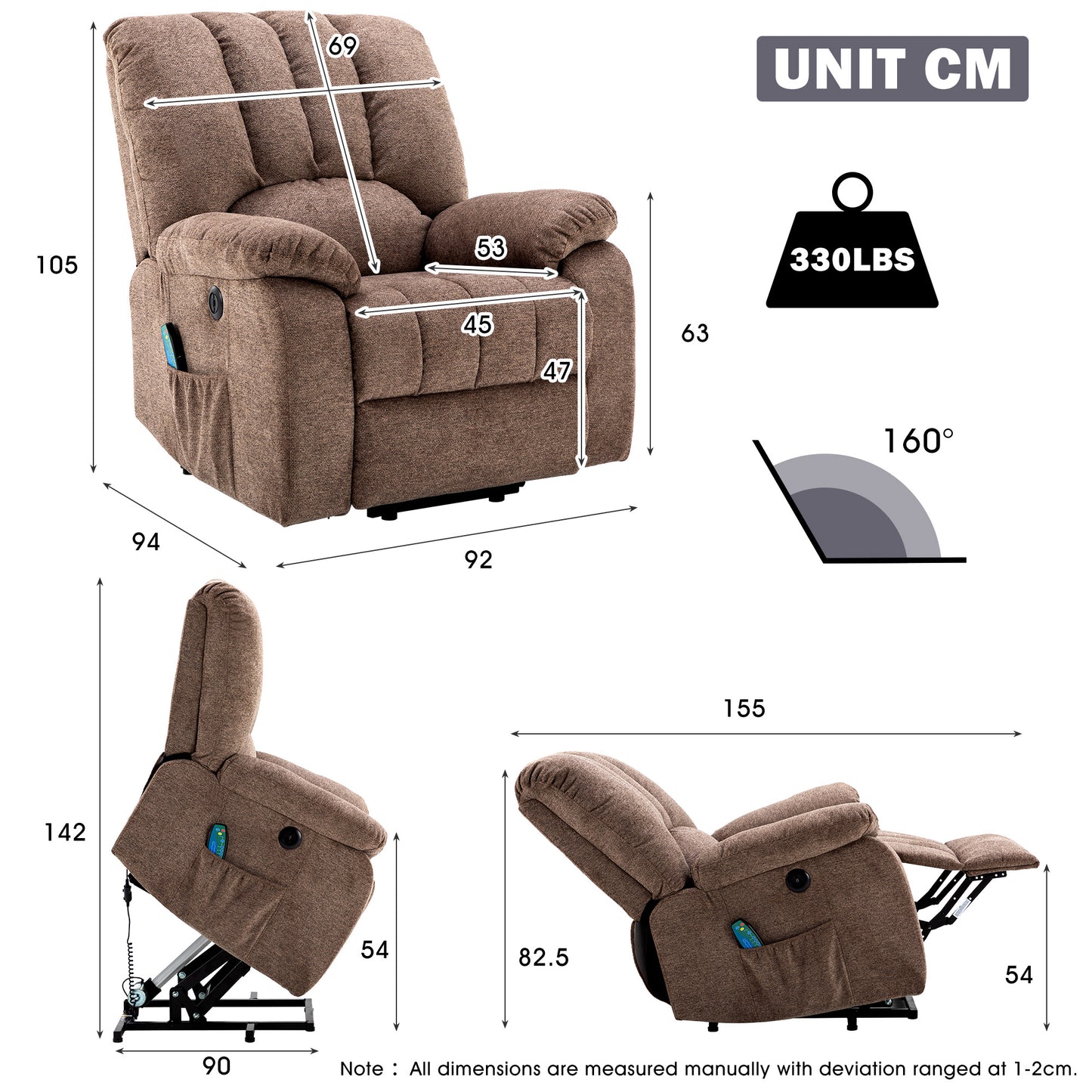 Fabric Single Motor Recliner Chair with Massage, Heat and USB Ports