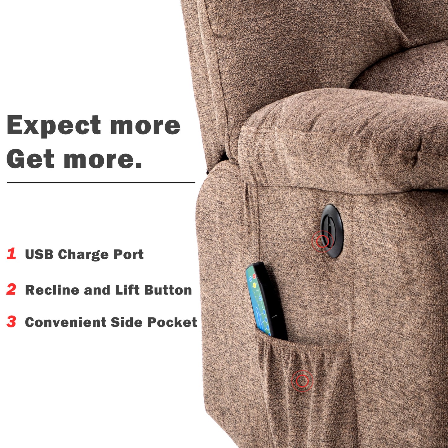 Fabric Single Motor Recliner Chair with Massage, Heat and USB Ports