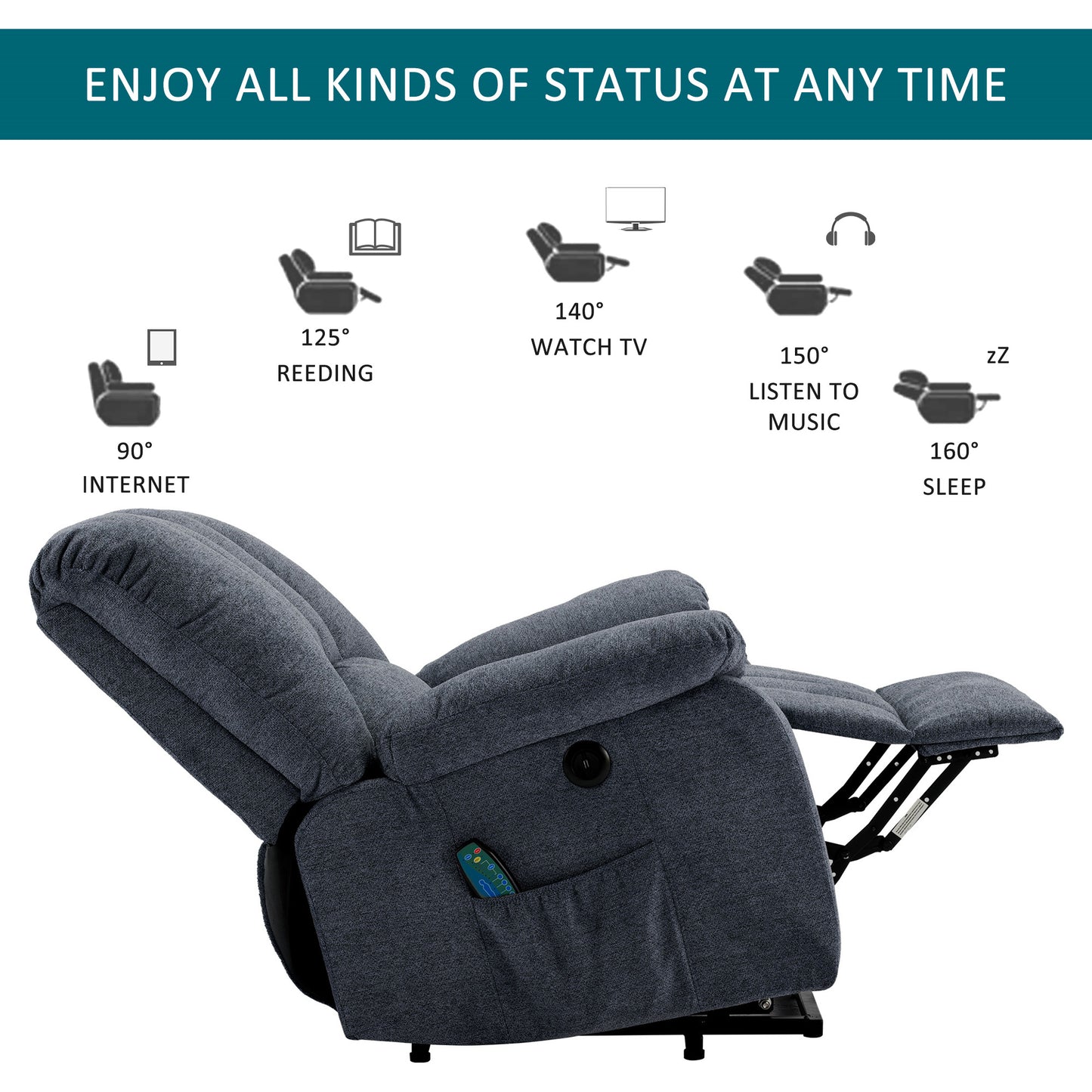 Fabric Single Motor Recliner Chair with Massage, Heat and USB Ports