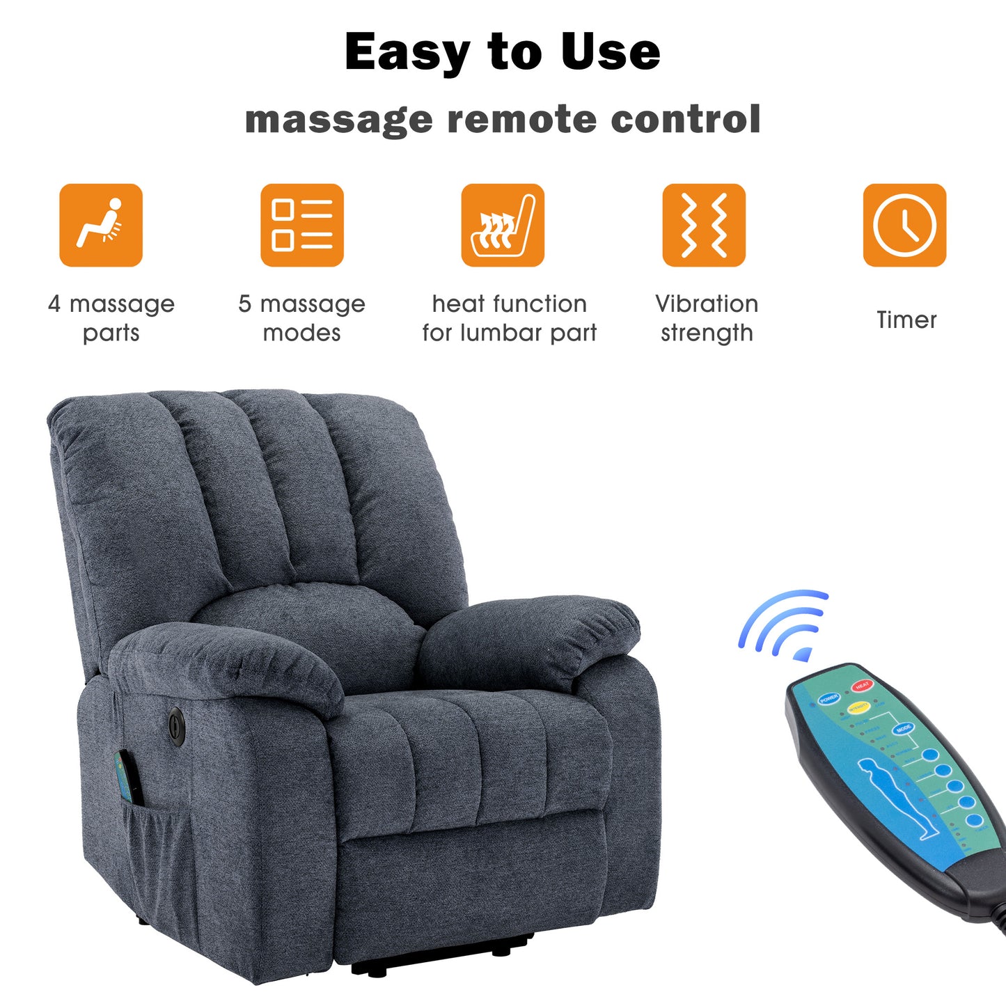 Fabric Single Motor Recliner Chair with Massage, Heat and USB Ports