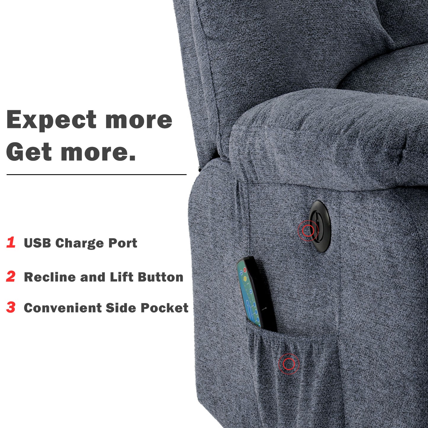 Fabric Single Motor Recliner Chair with Massage, Heat and USB Ports