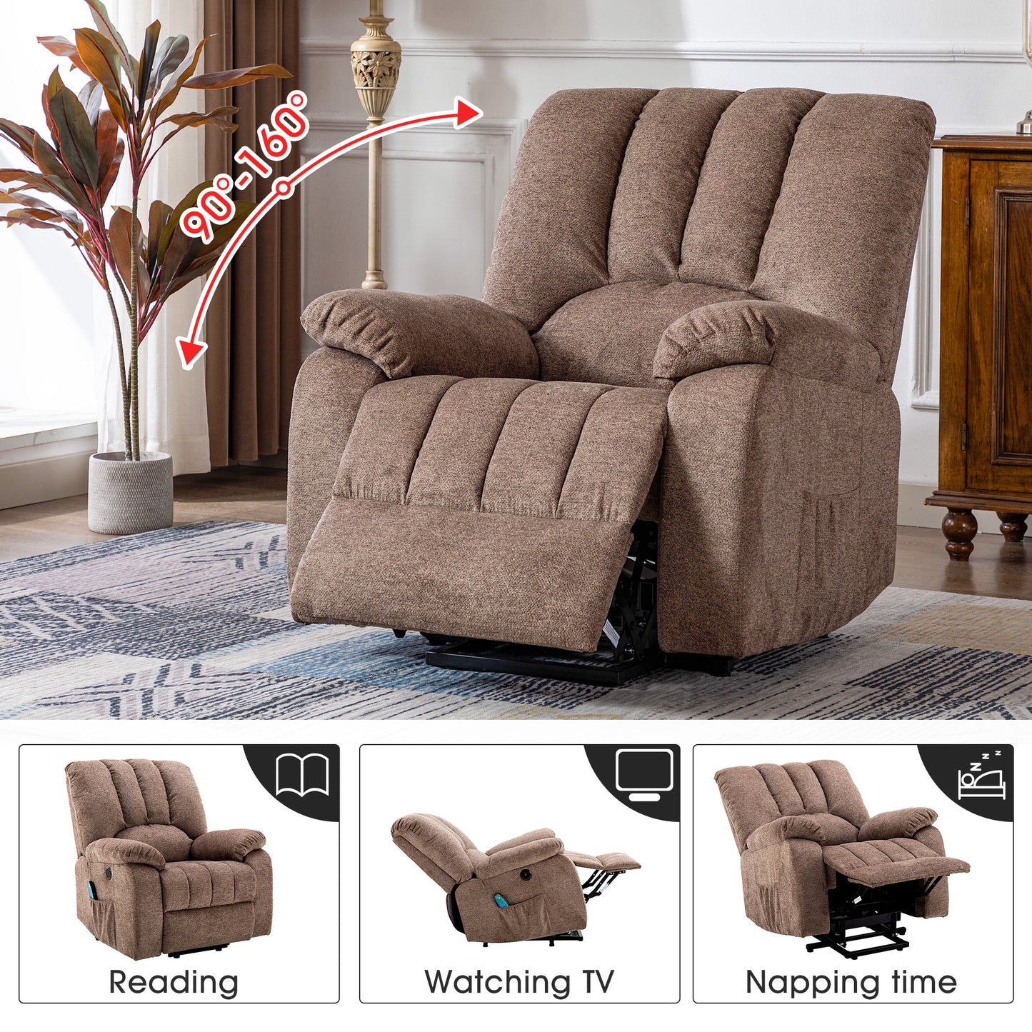 Fabric Single Motor Recliner Chair with Massage, Heat and USB Ports