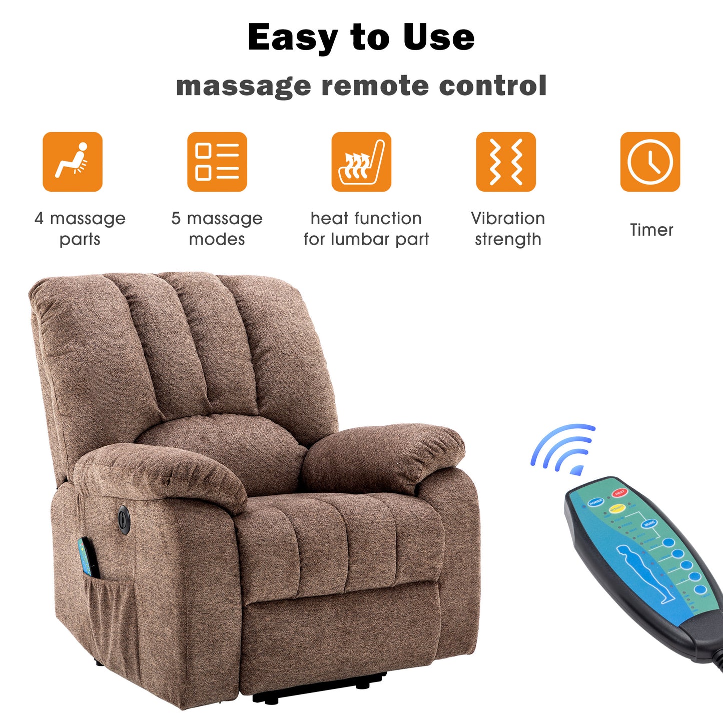 Fabric Single Motor Recliner Chair with Massage, Heat and USB Ports