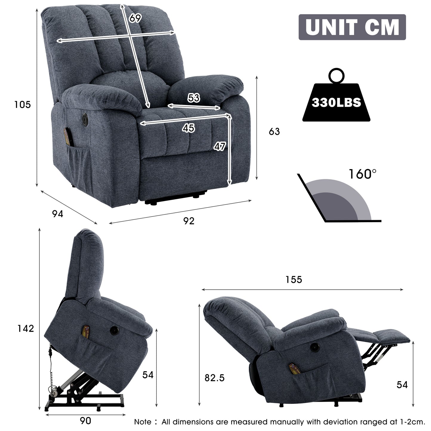 Fabric Single Motor Recliner Chair with Massage, Heat and USB Ports