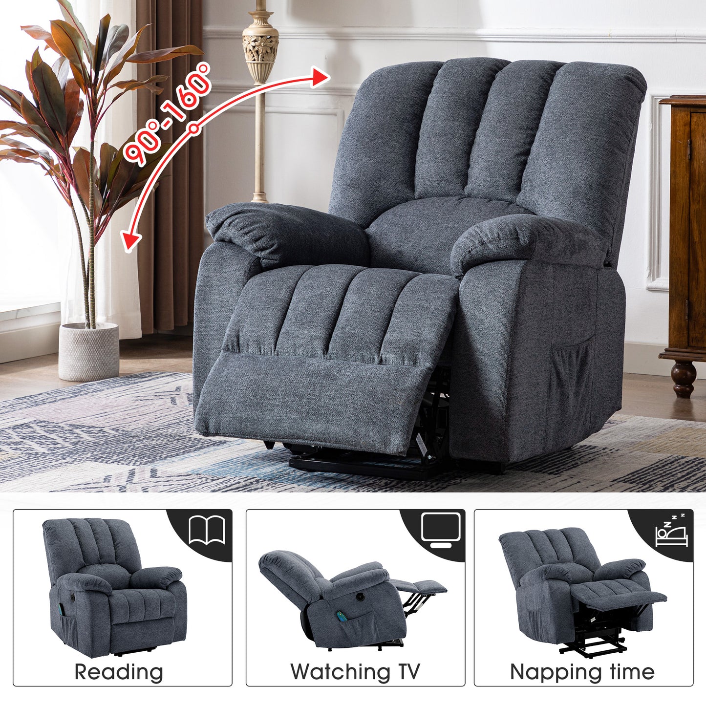 Fabric Single Motor Recliner Chair with Massage, Heat and USB Ports