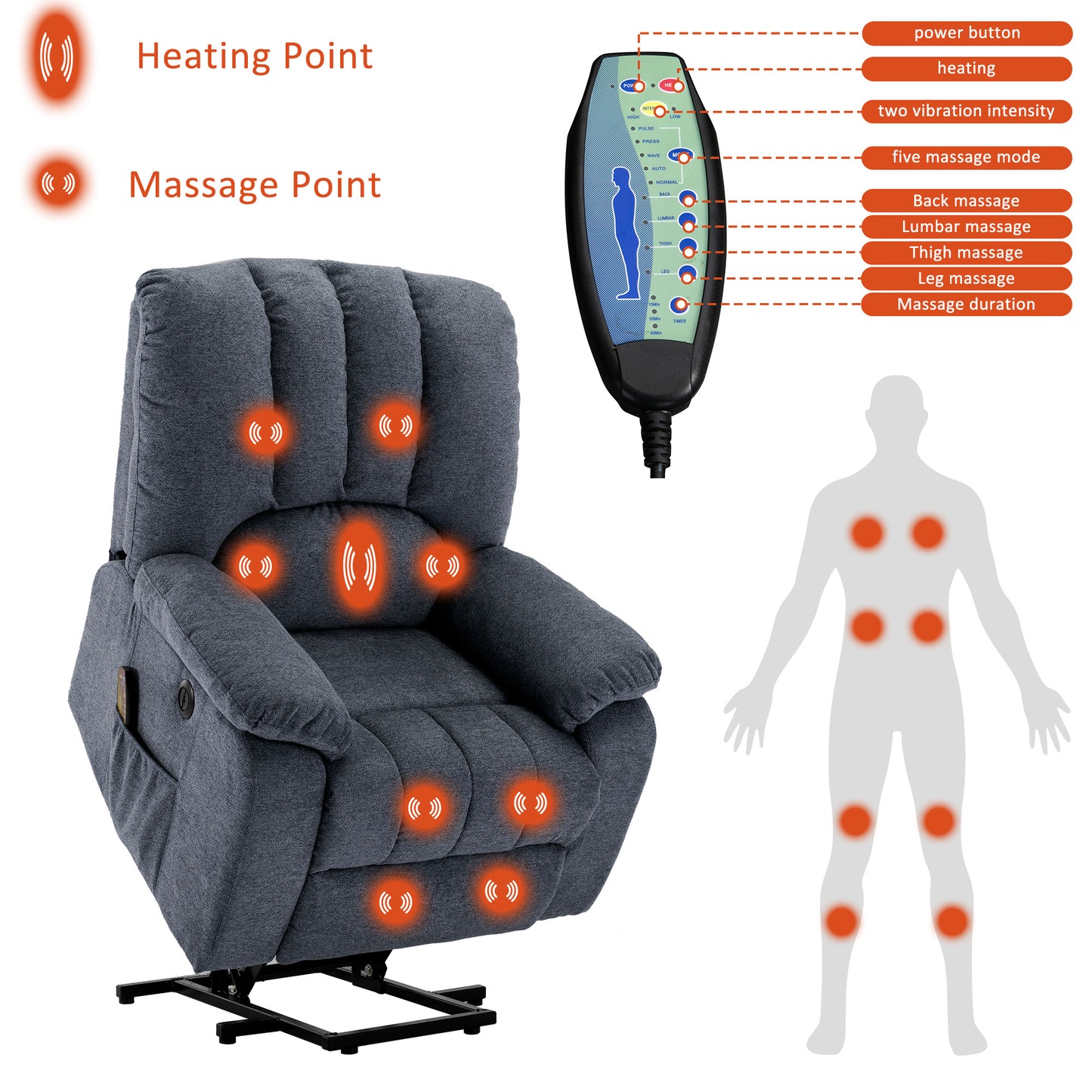 Fabric Single Motor Recliner Chair with Massage, Heat and USB Ports