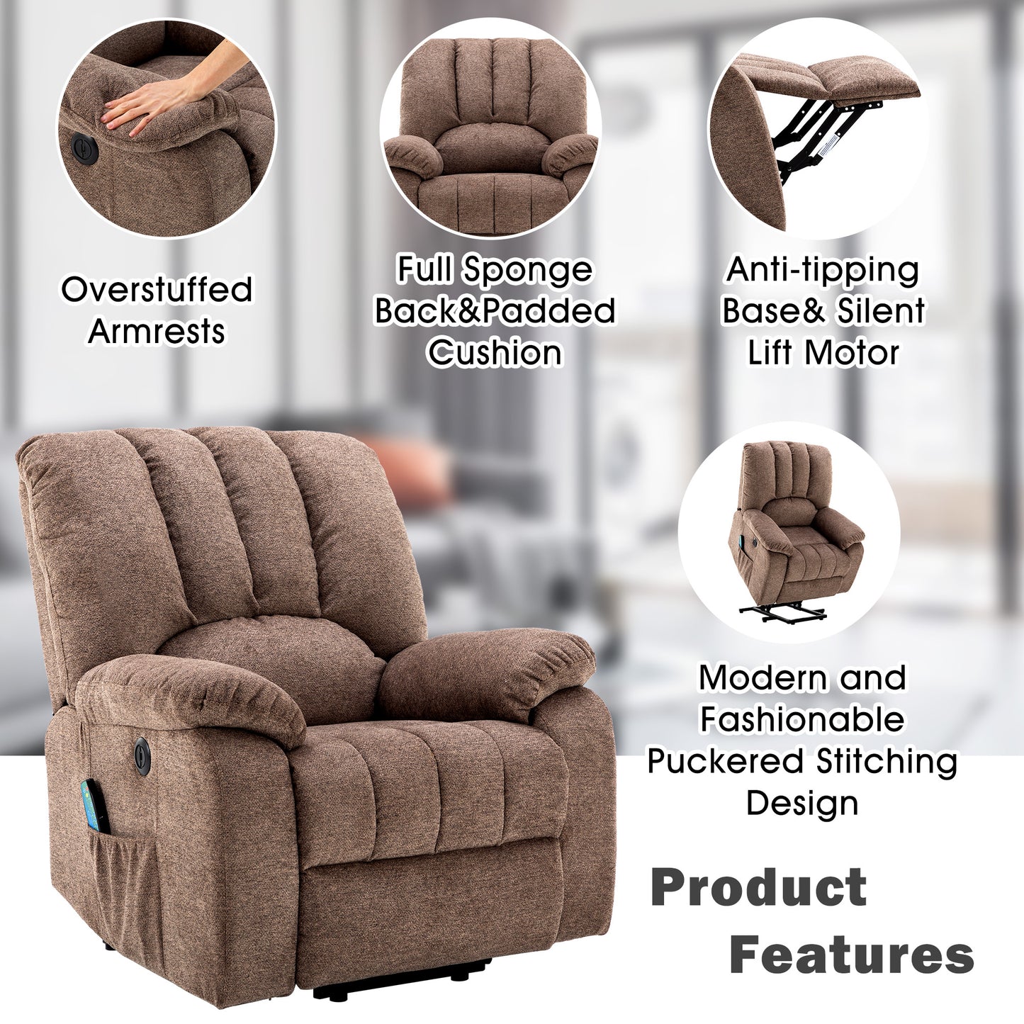 Fabric Single Motor Recliner Chair with Massage, Heat and USB Ports