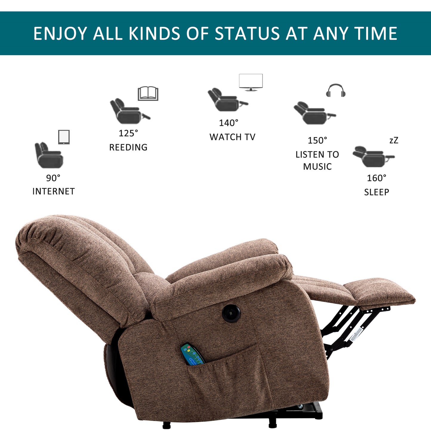 Fabric Single Motor Recliner Chair with Massage, Heat and USB Ports