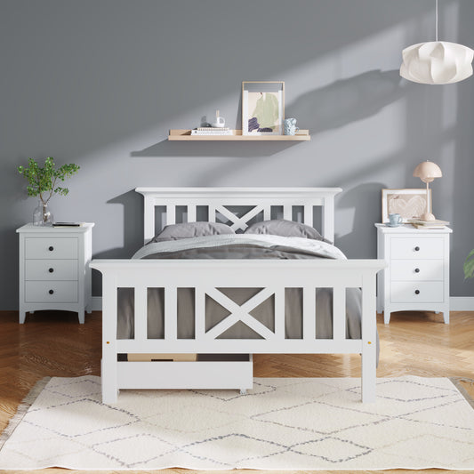 White Solid Pine Single Wooden Bed Frame with Drawers and 'X' Design Headboard