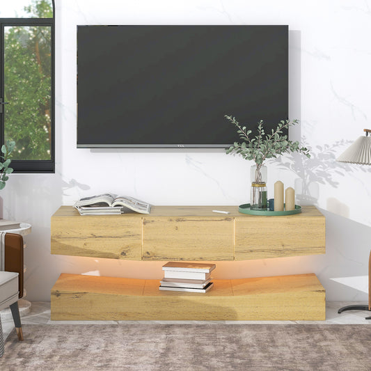 LED Wooden TV Stand Hanging Low Board with Open Shelves for TV up to 55 Inches